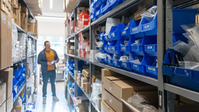 Bretz & Hufer Gebäudesystemtechnik GmbH | Wartungen / Mitarbeiter im Lager mit Regalen