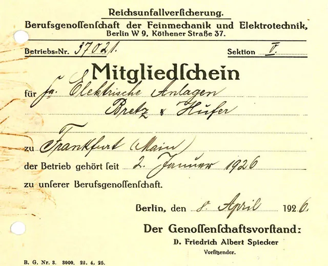 Mitgliedsschein Reichsunfallversicherung